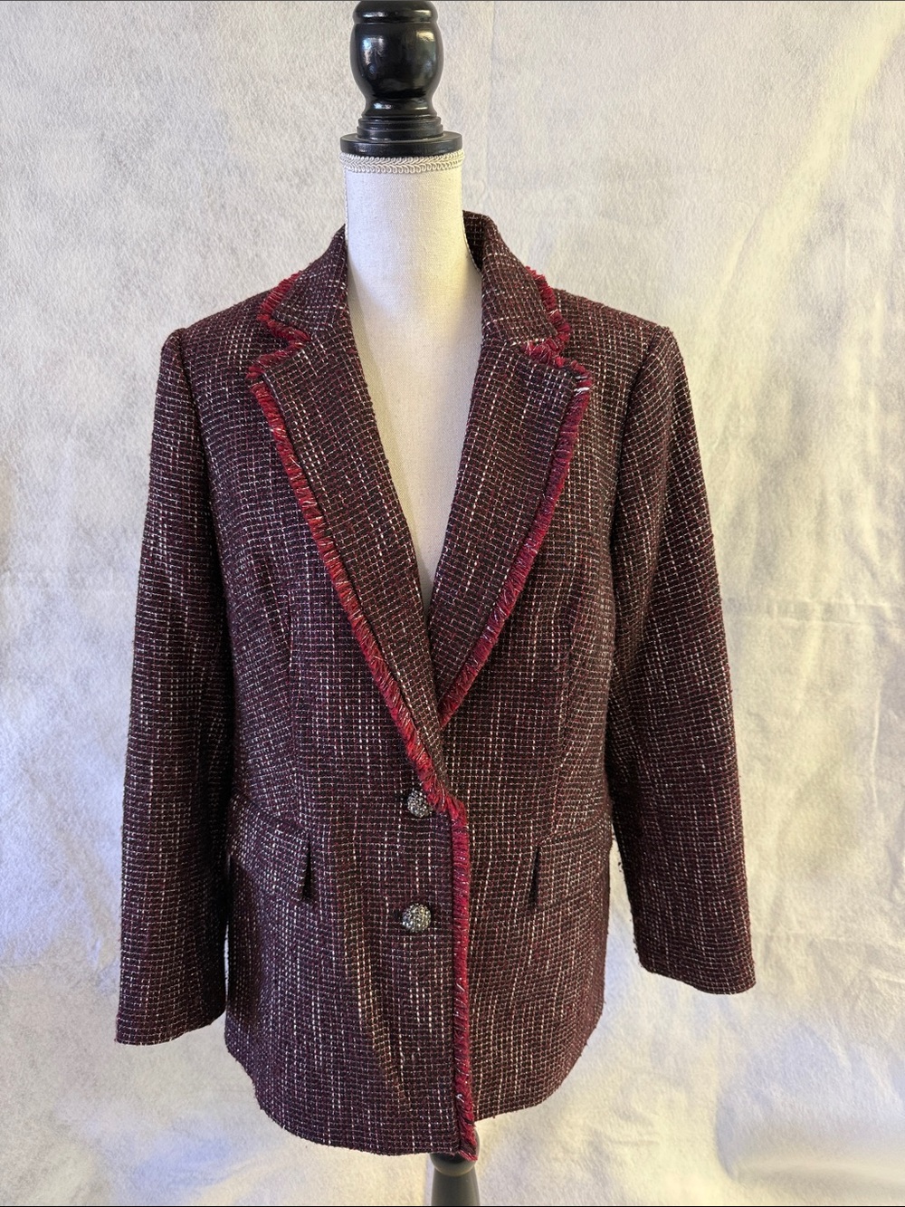 Karl Lagerfeld Burgundy Tweed Blazer with Red Trim